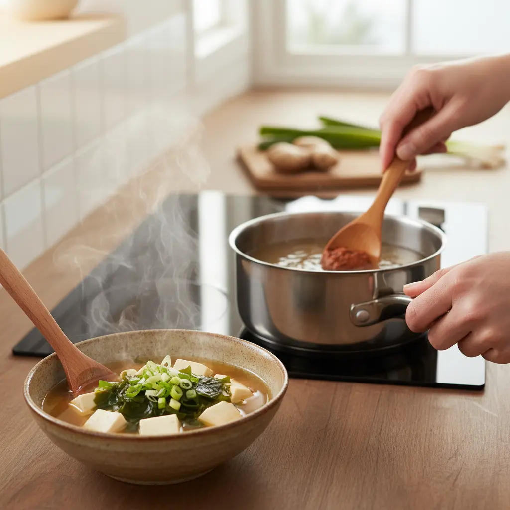 Various types of miso paste, including white (shiro) and red (aka), showcasing their different colors and textures in small bowls.