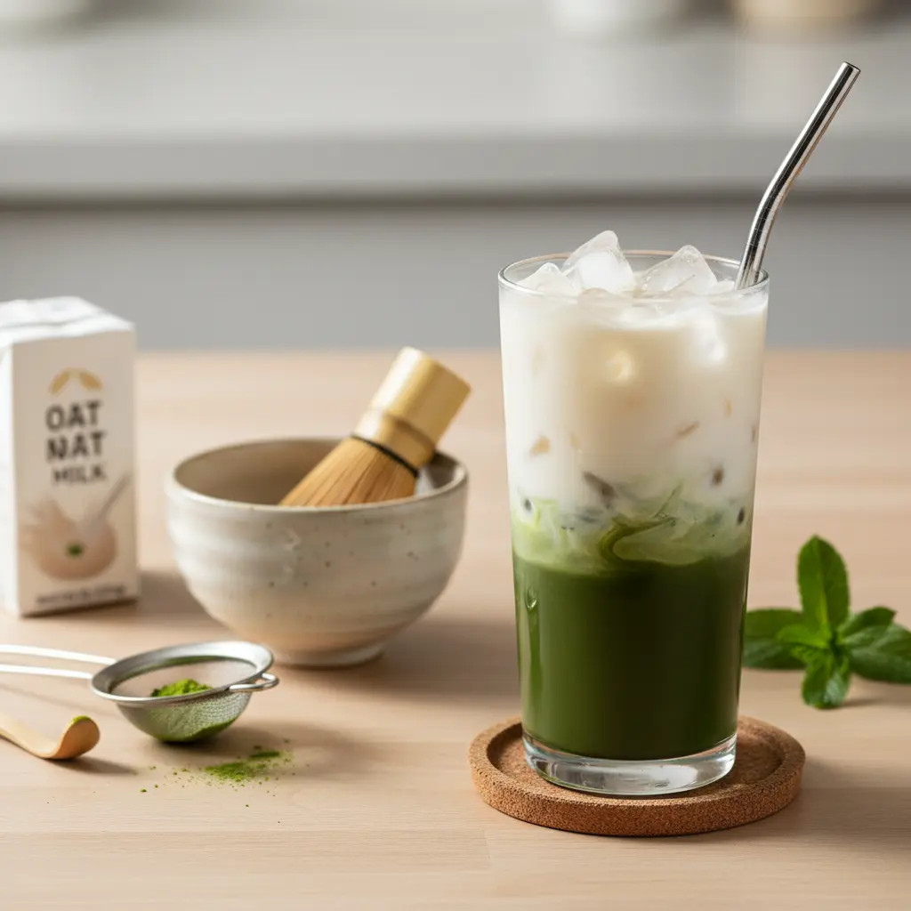 Vibrant green iced matcha latte with oat milk in a tall glass, garnished with a straw.