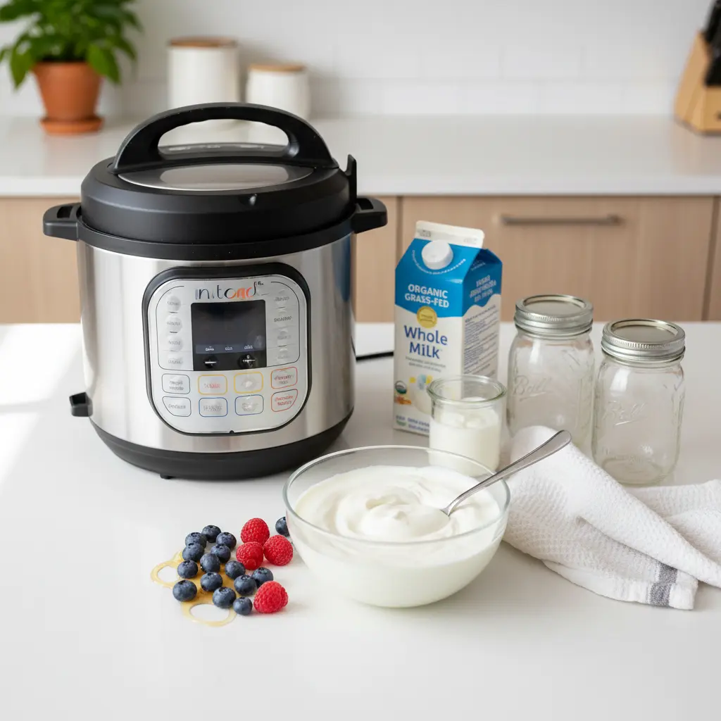 Instant Pot surrounded by ingredients like Fairlife milk, yogurt starter, and sweetened condensed milk for cold start yogurt.