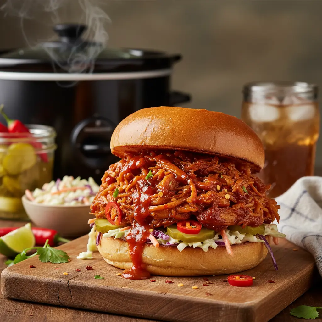 Delicious slow cooker jackfruit pulled pork sandwich on a bun with coleslaw, ready to eat
