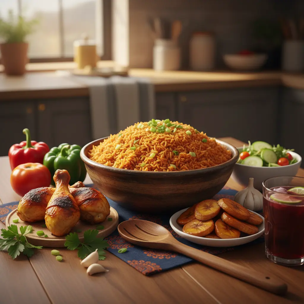 A vibrant pot of Jollof rice garnished with vegetables and chicken, ready to be served.