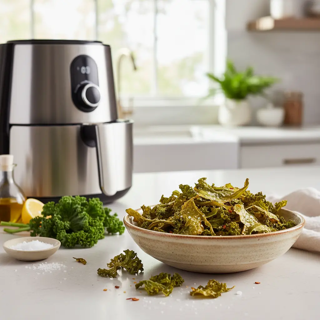 Pile of shatter-crisp air fryer kale chips on a white plate