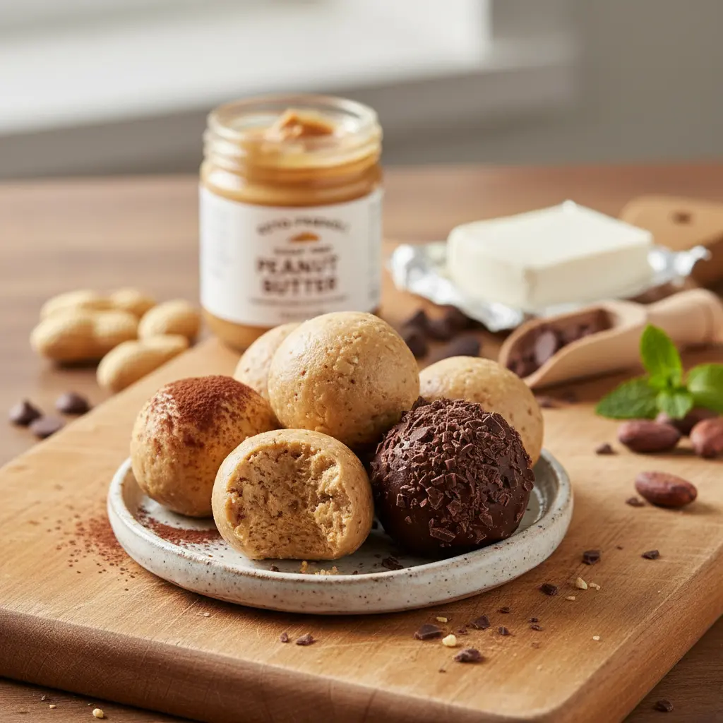 Close-up of three delicious keto peanut butter cream cheese fat bombs, garnished with chocolate shavings on a white plate.