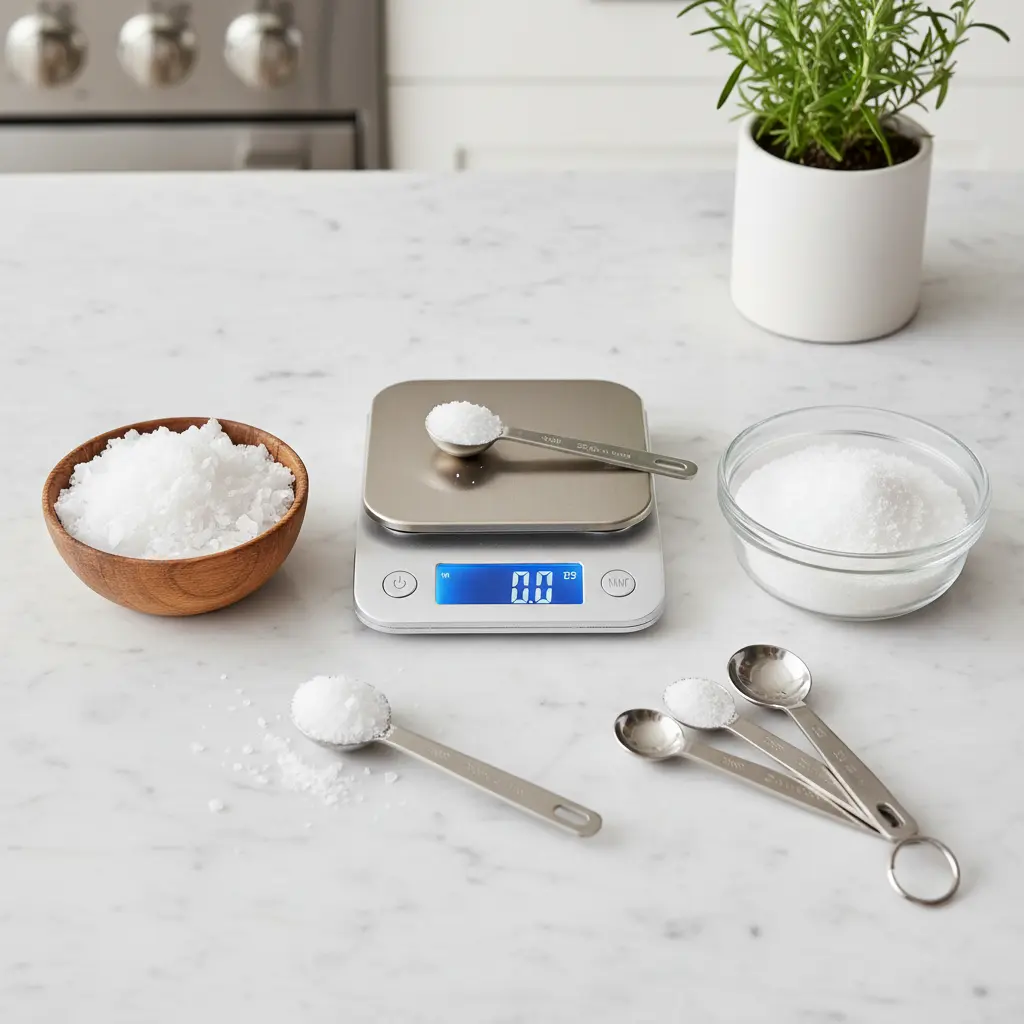 Close-up of different types of salt, specifically coarse kosher salt and fine table salt, with measuring spoons