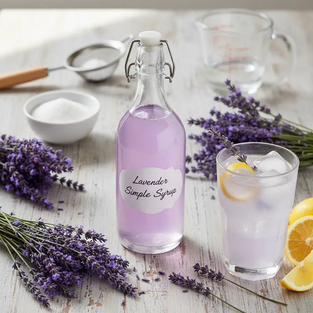A mason jar filled with pale purple lavender simple syrup, garnished with fresh lavender sprigs and surrounded by a few loose lavender buds.
