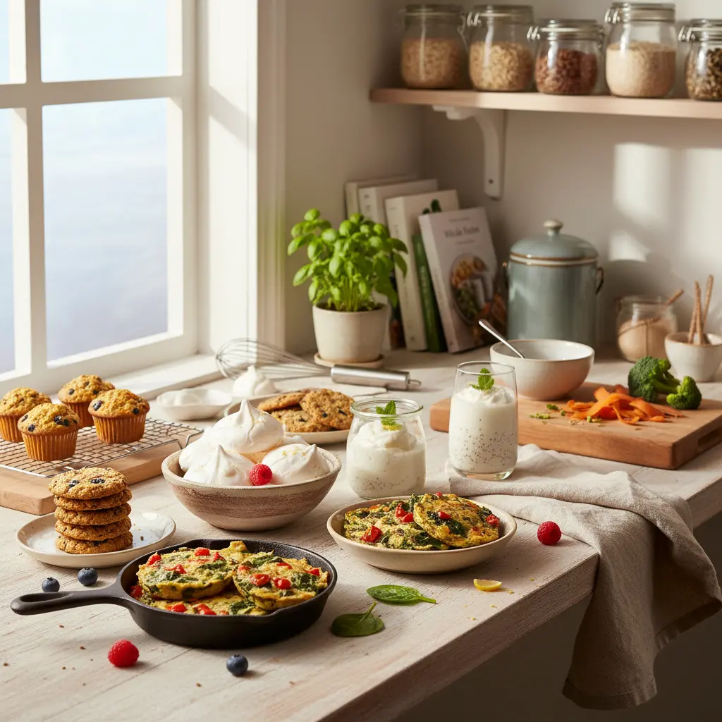 Assortment of dishes made with leftover egg whites, including meringues, frittatas, and healthy breakfast bites, showcasing zero-waste cooking.