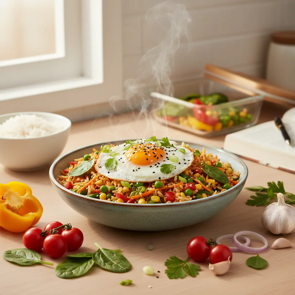 A variety of colorful vegetarian dishes made from leftover rice, including fritters, fried rice, and a bowl of lemon rice, with a focus on fresh ingredients and zero-waste.