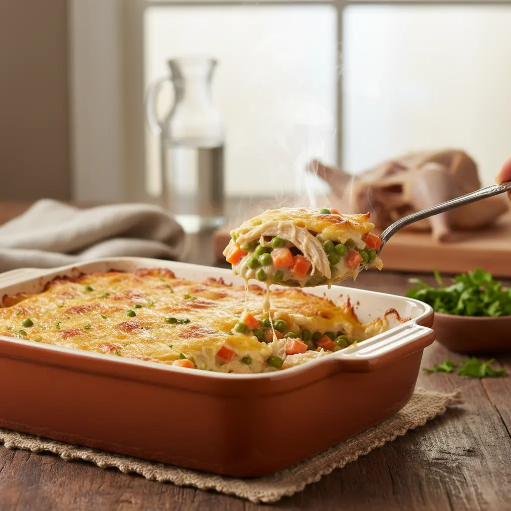 A bubbling, golden-brown rotisserie chicken casserole fresh from the oven, garnished with fresh herbs, ready to be served.