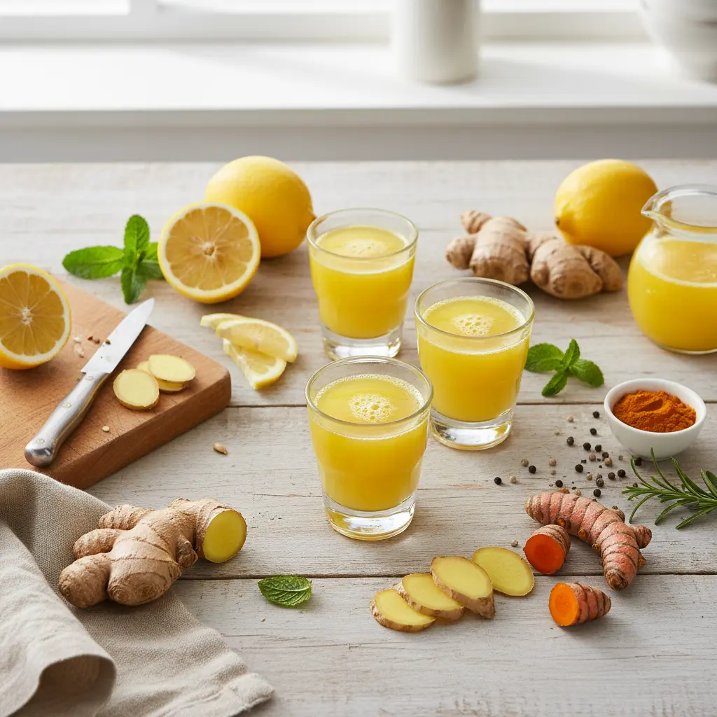 Vibrant homemade lemon ginger turmeric wellness shots in small glass bottles with fresh ingredients scattered around