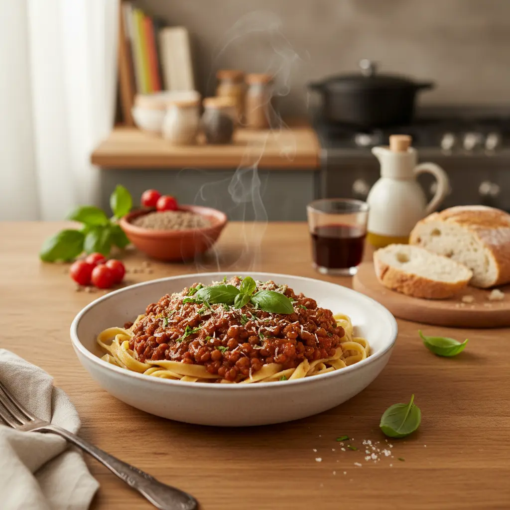 Hearty vegan lentil bolognese sauce with pasta, garnished with fresh basil