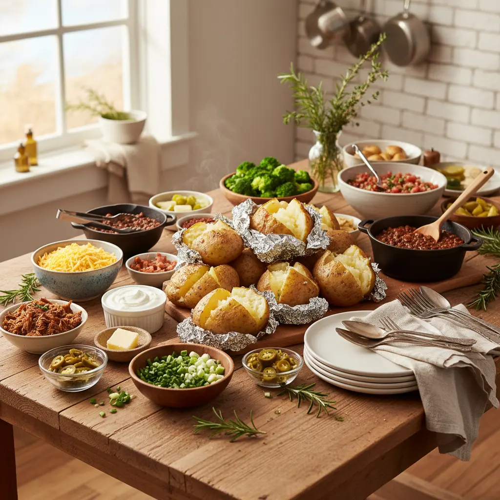 A vibrant loaded baked potato bar spread with various toppings like cheese, bacon, sour cream, and chives, ready for guests to customize.