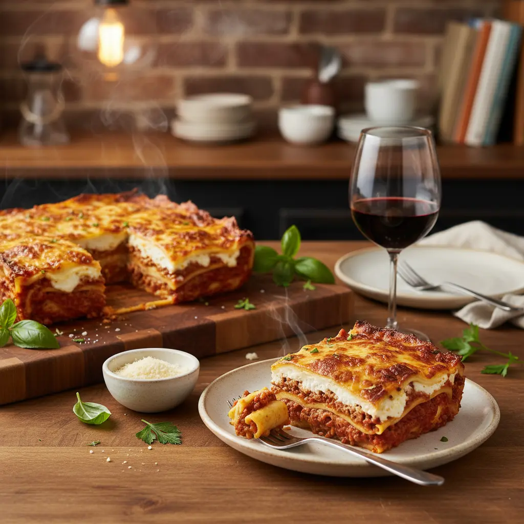 A baked loaf pan lasagna, garnished with fresh basil, steaming hot and ready to serve for a small meal.