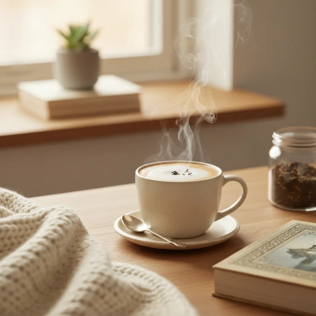 A beautifully frothed London Fog tea latte in a clear glass mug, showcasing layers of Earl Grey tea and creamy vanilla milk foam, set on a rustic wooden table.