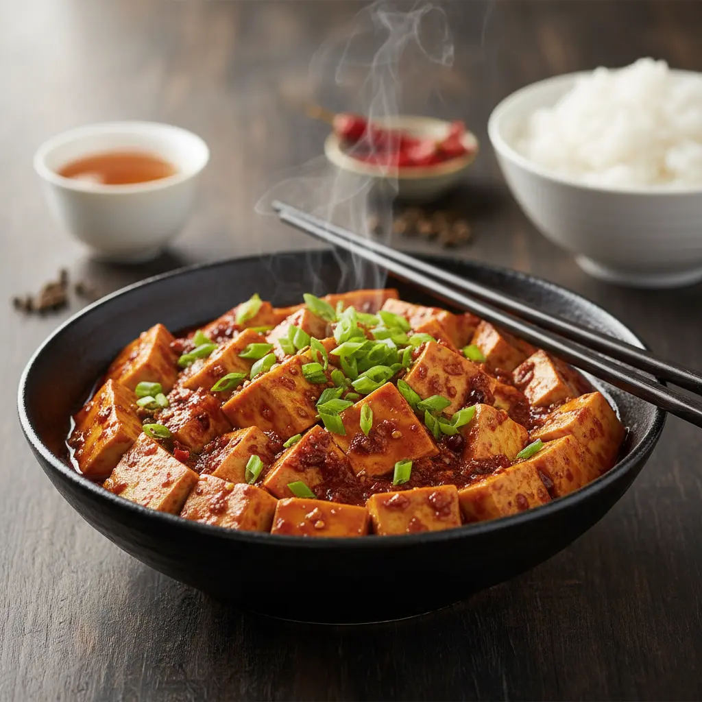 A vibrant bowl of vegetarian Mapo Tofu, rich with red chili oil, soft tofu cubes, and green scallions, served with white rice.