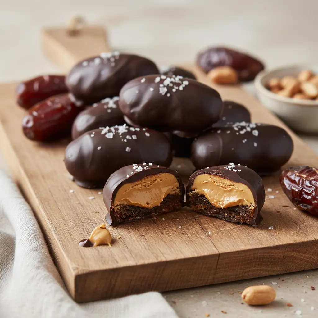 Close-up of healthy Snickers-style Medjool dates stuffed with peanut butter and coated in dark chocolate with sea salt, on parchment paper