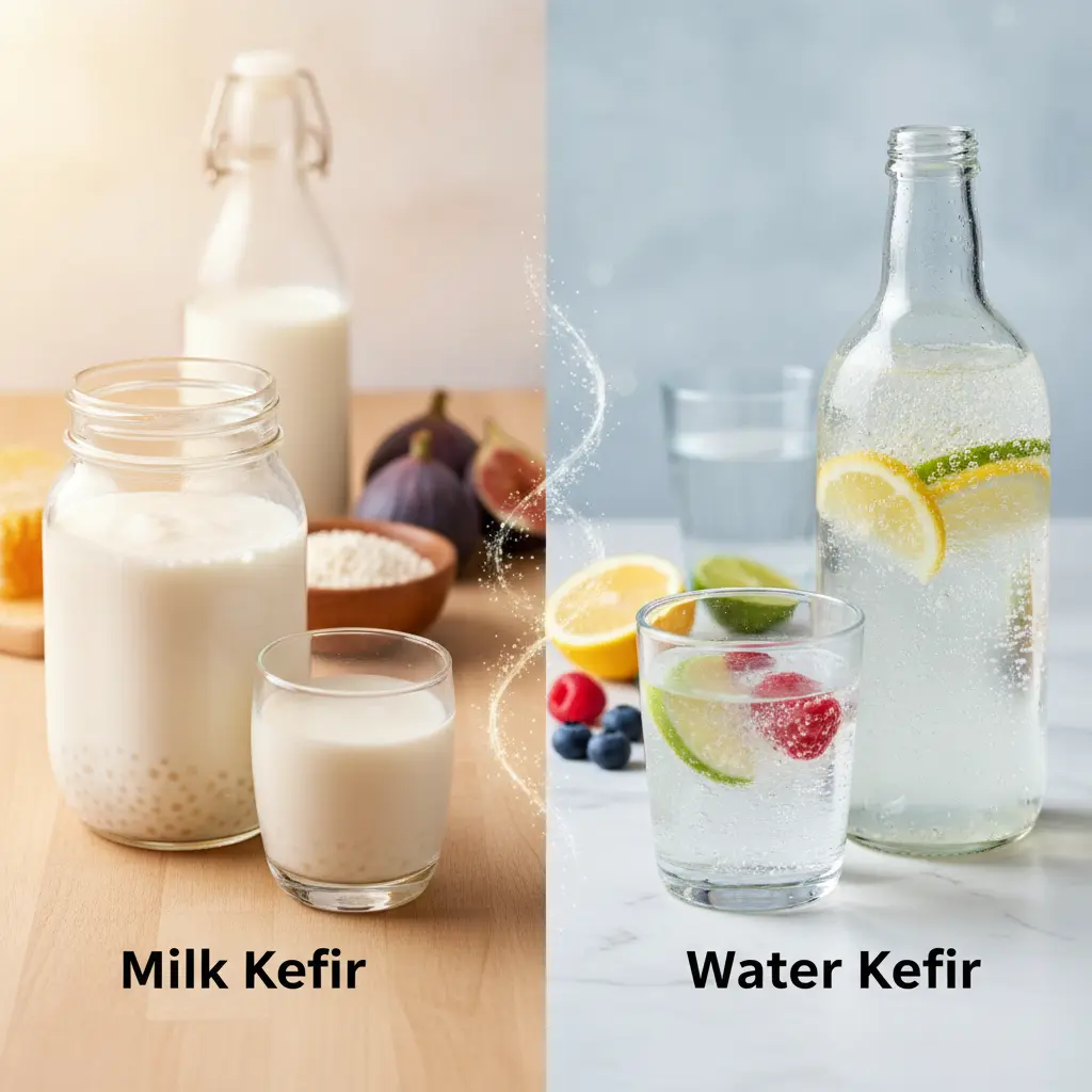 Glass jars of milk kefir and water kefir side-by-side, showcasing their different textures and colors, with milk kefir being opaque and water kefir translucent.