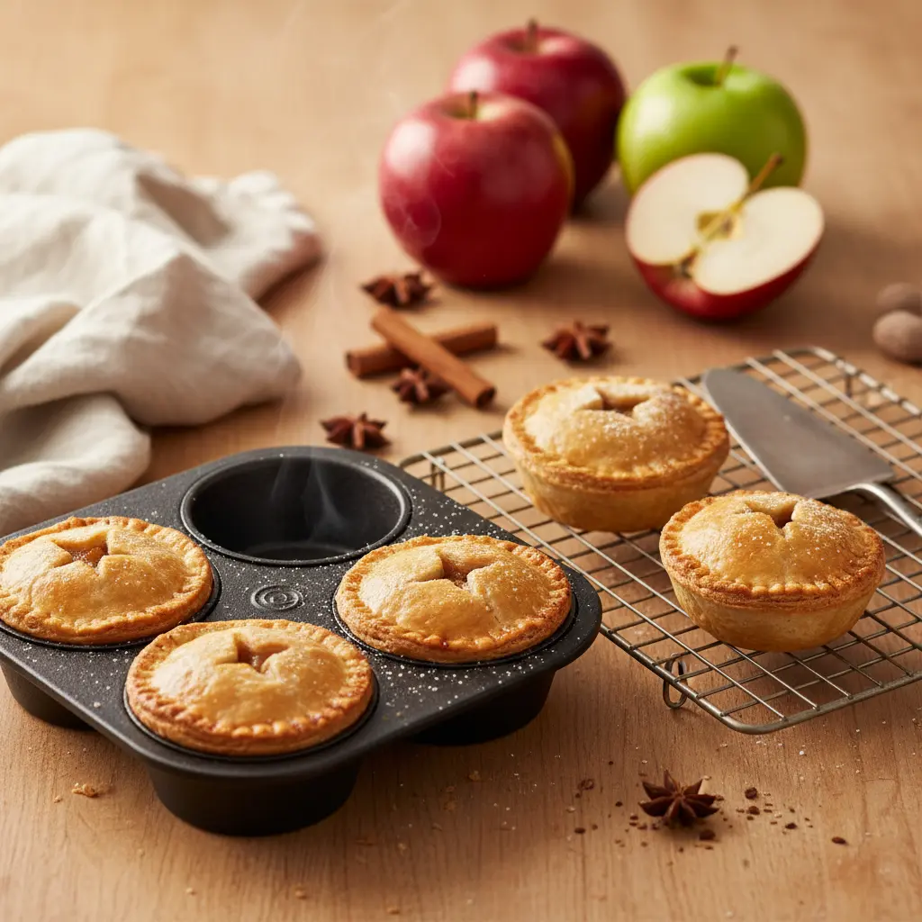 Close-up of golden brown mini apple pies in a muffin tin, garnished with a lattice crust and powdered sugar.