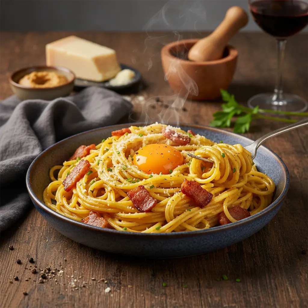 Creamy Miso Carbonara with crispy bacon and fresh herbs