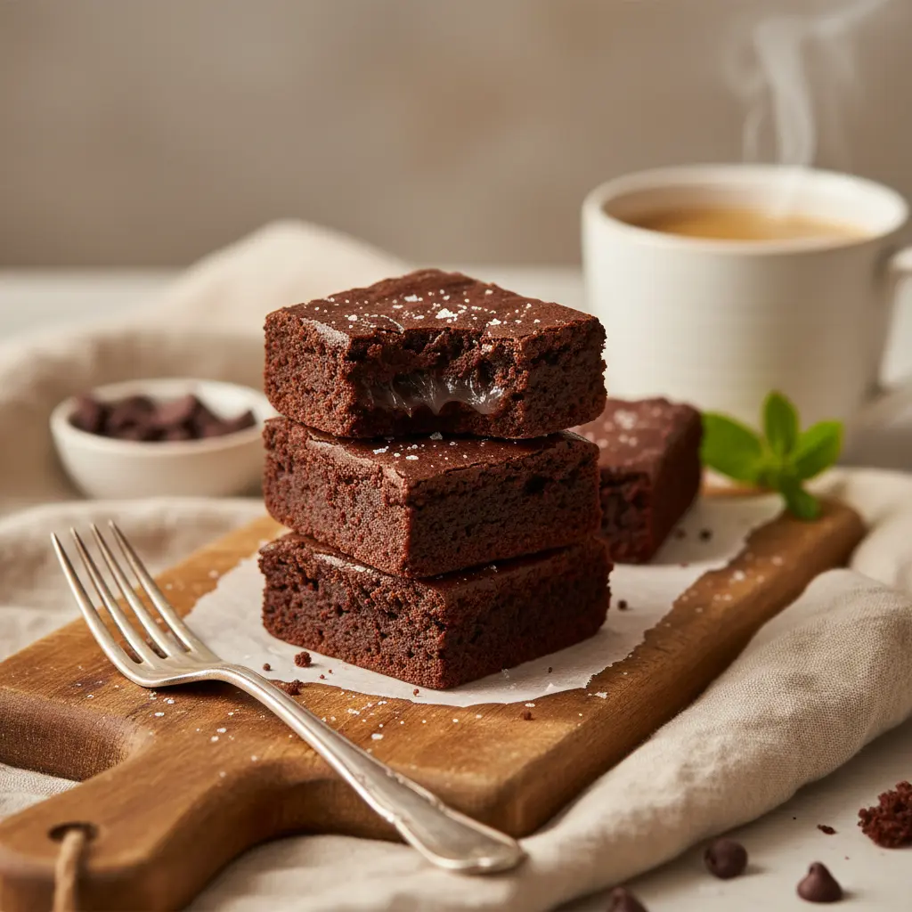 A stack of freshly baked mochi brownies with a shiny, crackly top, dusted lightly with powdered sugar, sitting on parchment paper.