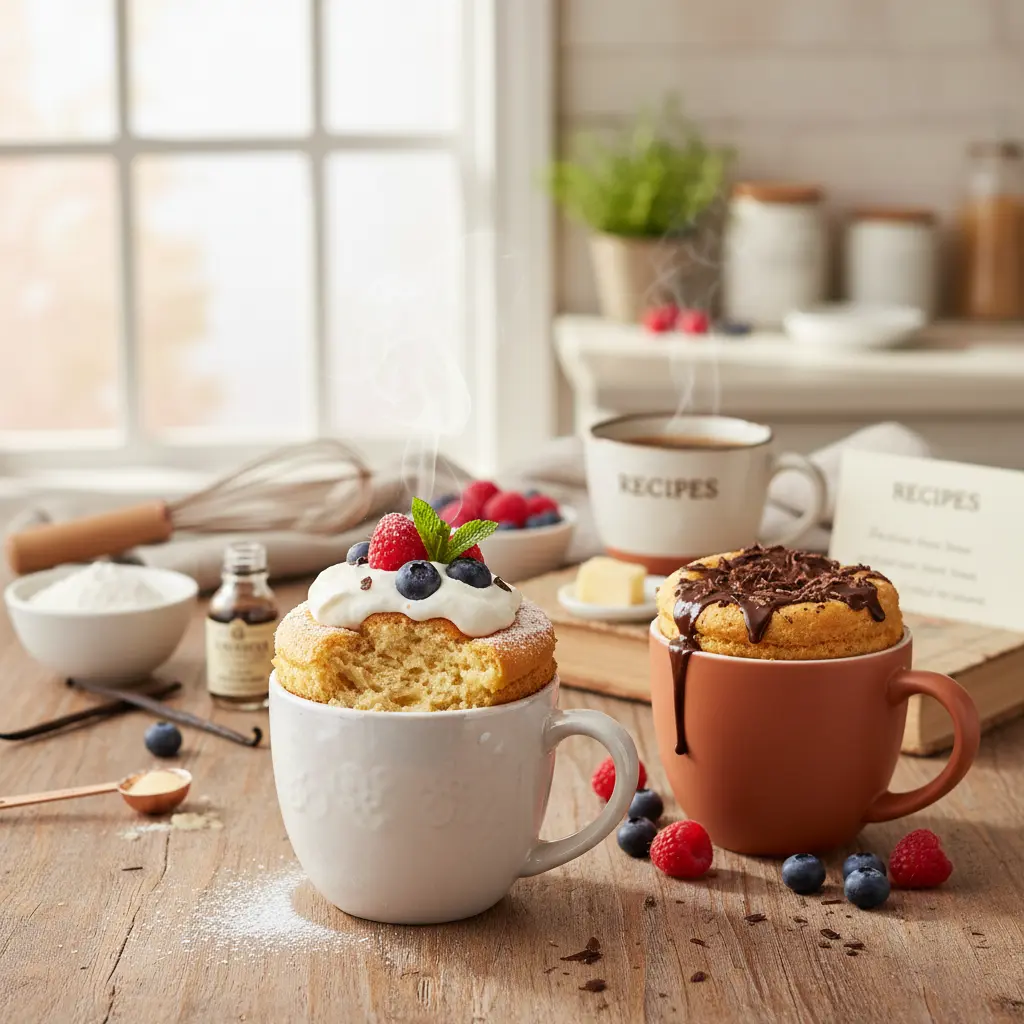 A close-up of a fluffy, golden-brown mug cake, garnished with whipped cream, fresh raspberries, and a mint leaf, ready to be eaten. It sits on a wooden board next to a small spoon.