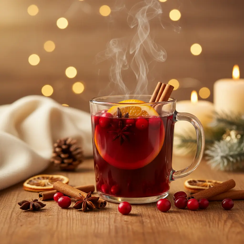A steaming mug of non-alcoholic mulled wine garnished with orange slices and cinnamon sticks