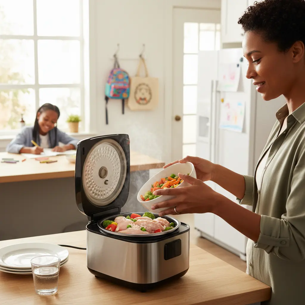 Delicious One-Pot Rice Cooker Chicken meal ready to eat, perfect for busy parents seeking quick and easy dinner solutions.