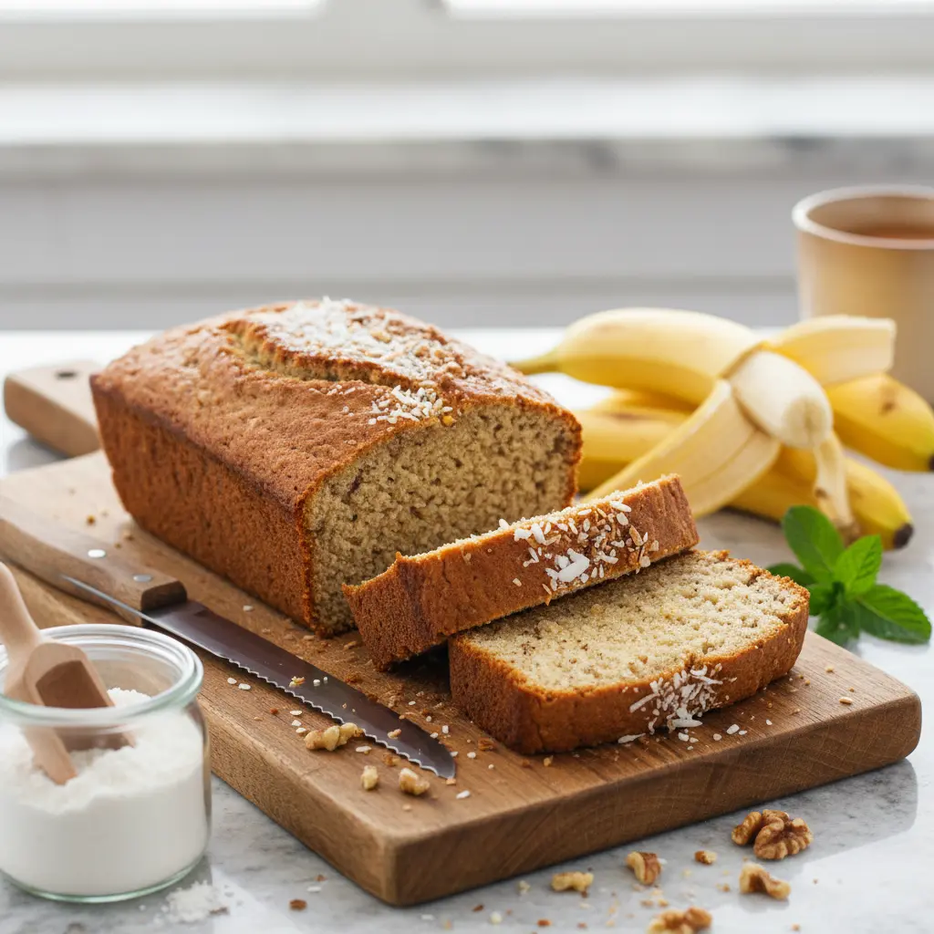 Slice of moist Paleo banana bread with coconut flour, garnished with pecans