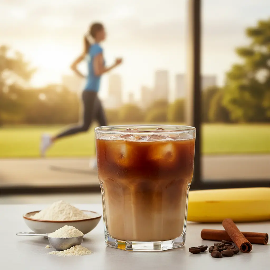 A glass of iced protein coffee (Proffee) with ice cubes and a drizzle of chocolate, topped with a coffee bean, set against a fitness background.