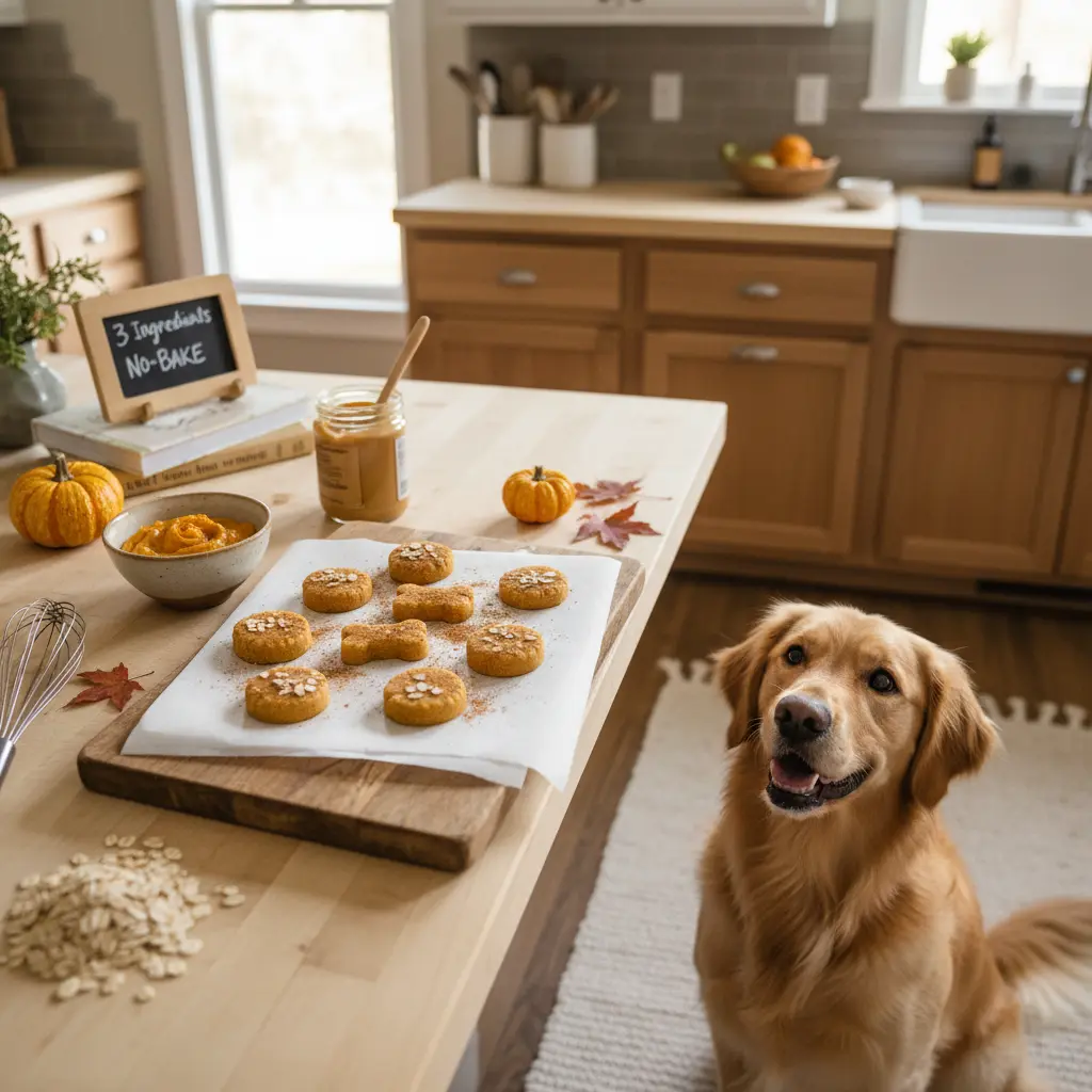 A golden retriever dog looking at a tray of homemade no-bake pumpkin dog treats in bone shapes.
