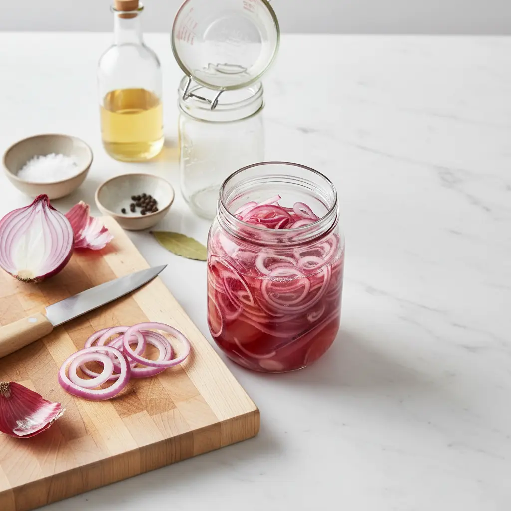 Bright pink quick pickled red onions in a clear glass jar on a wooden surface.