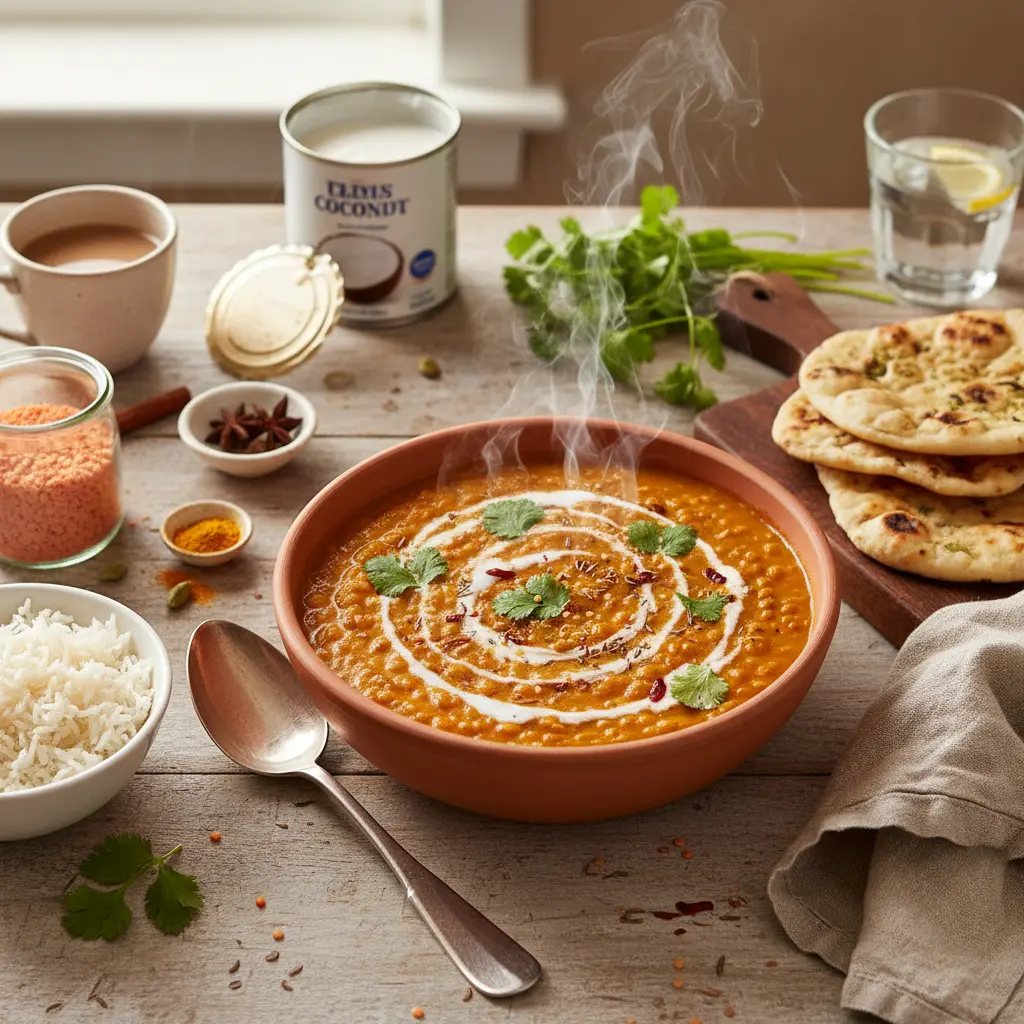 Bowl of creamy red lentil dahl with coconut milk, garnished with fresh cilantro, served with rice and naan bread.
