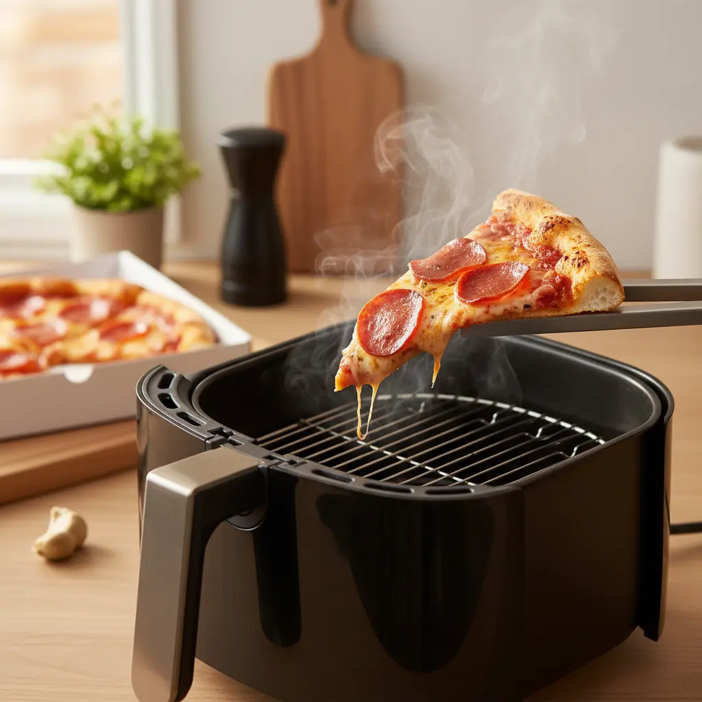Crispy reheated pizza slice emerging from an air fryer basket, steam rising.