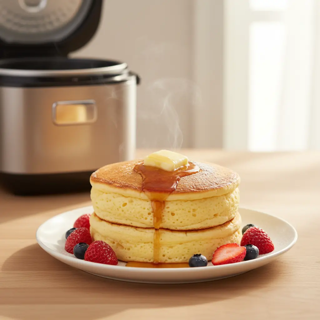 Deliciously fluffy Japanese-style rice cooker pancake, golden brown and perfectly cooked in a kitchen setting.