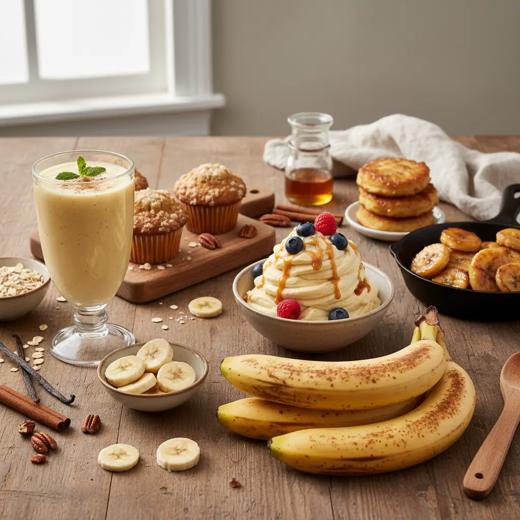 Vibrant bowl of overripe bananas, perfectly spotted brown, ready for cooking