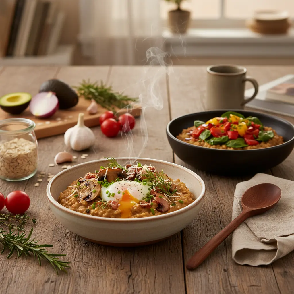 A bowl of savory oatmeal topped with roasted vegetables and a poached egg, presented as a gourmet dinner.