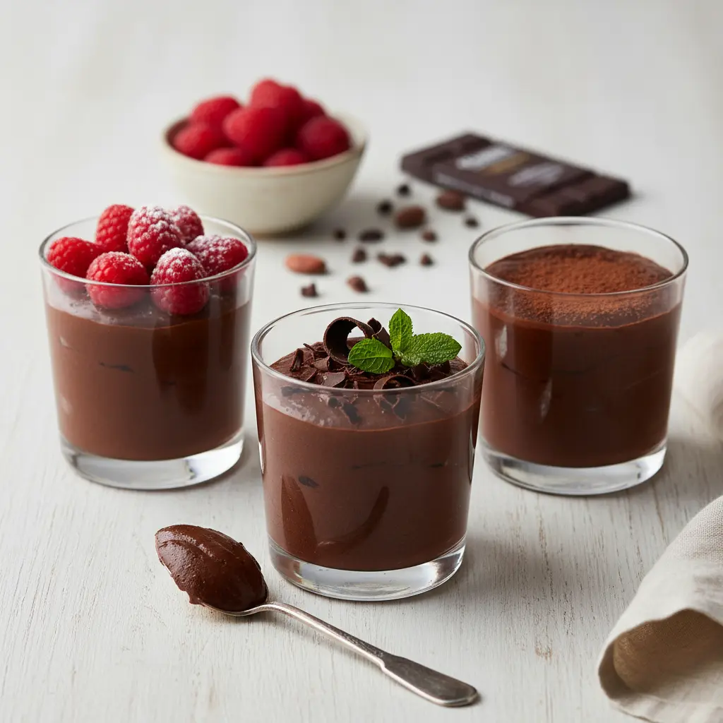 Decadent Silken Tofu Chocolate Mousse in a ramekin, garnished with fresh raspberries.