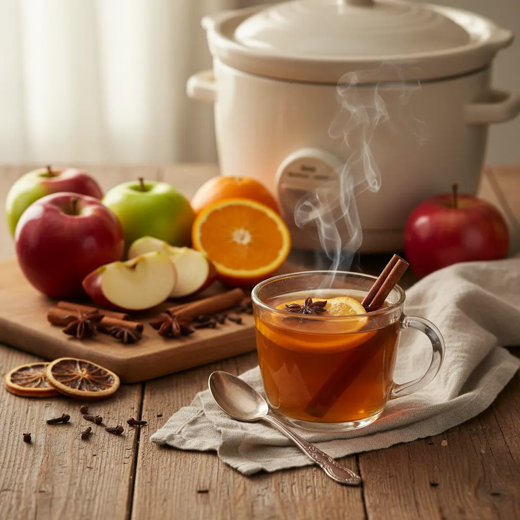 A cozy slow cooker simmering with quartered apples, cinnamon sticks, and star anise, preparing homemade apple cider.