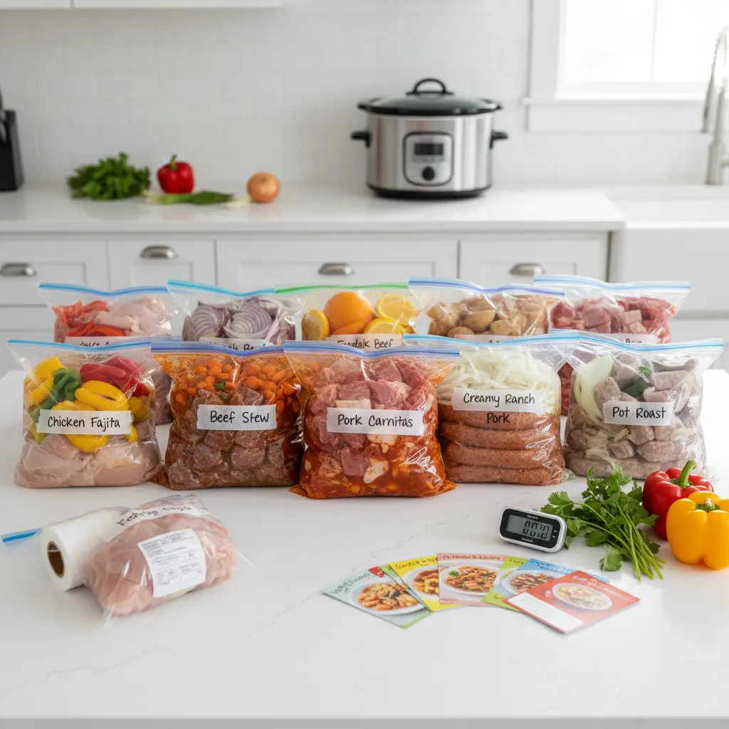 Variety of colorful raw ingredients in freezer bags ready for slow cooker dump meals