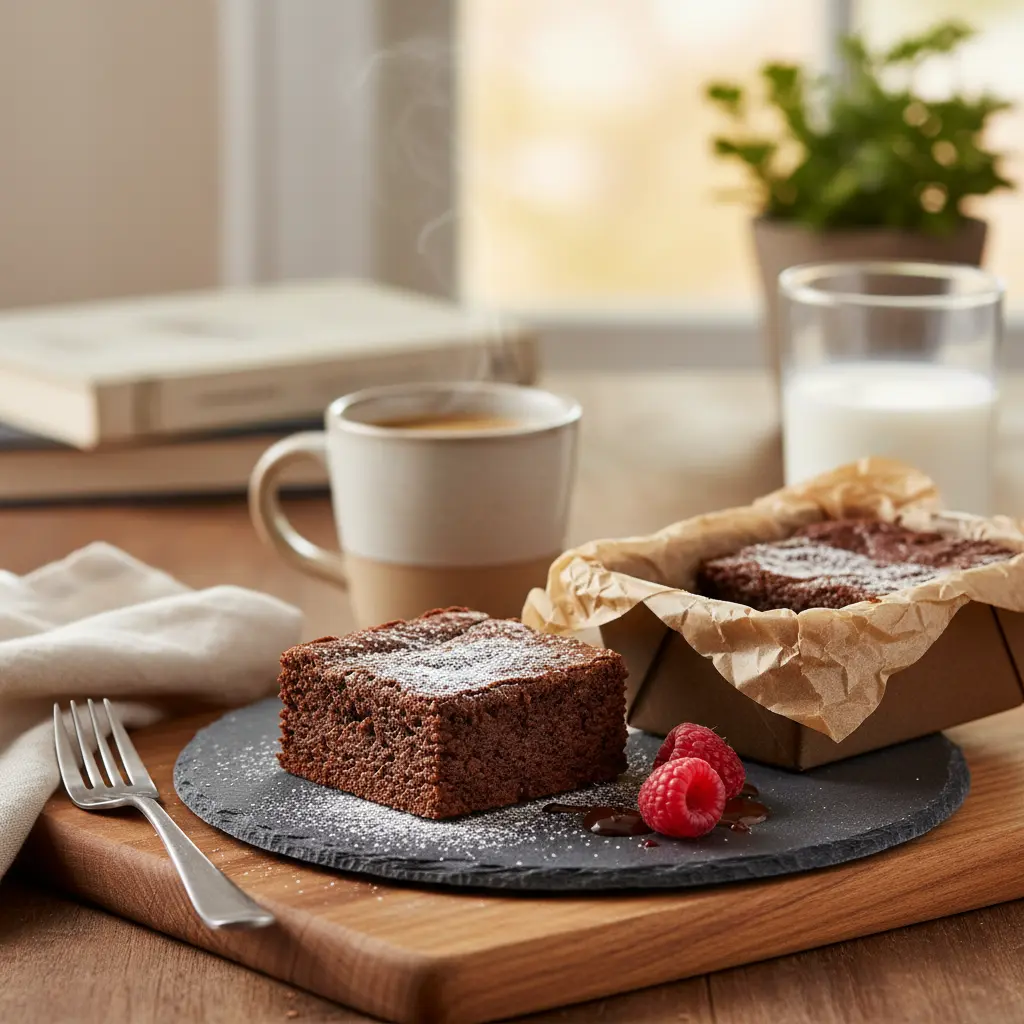 Delicious small batch brownies in a loaf pan, perfect for two, cut into fudgy squares on a cooling rack.