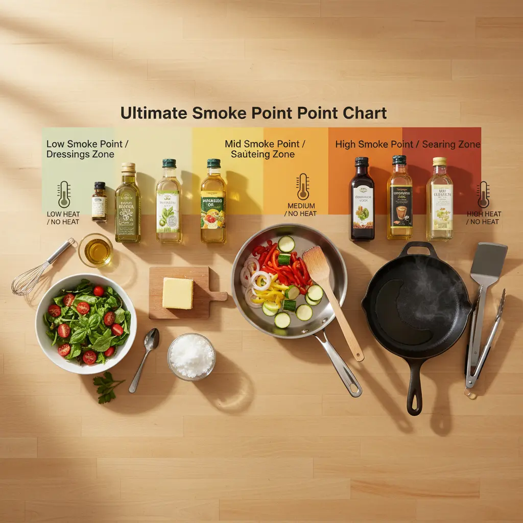 Various cooking oils with different smoke points, illustrating the importance of choosing the right oil for cooking.