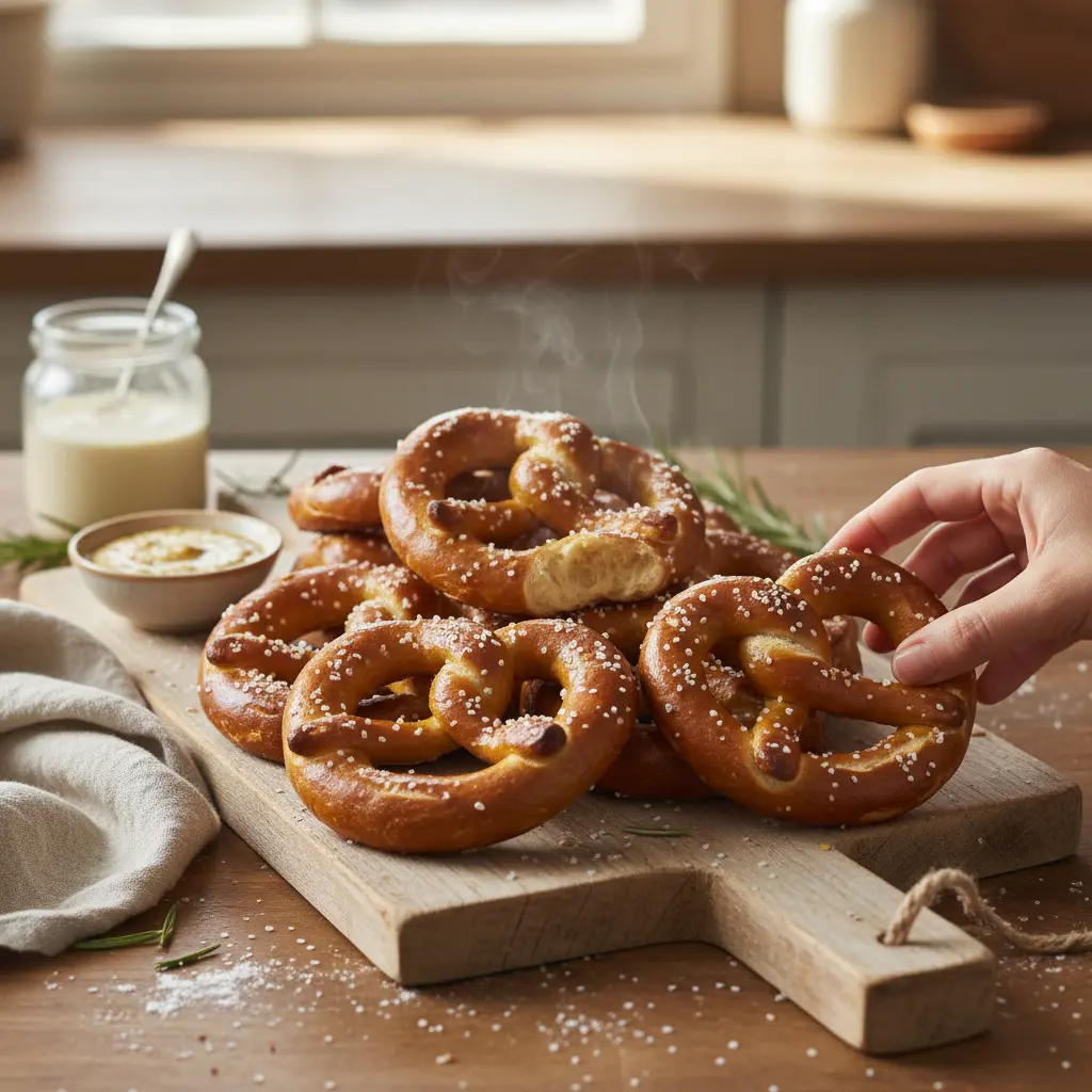 Soft sourdough discard pretzels arranged on a baking sheet, ready to eat.