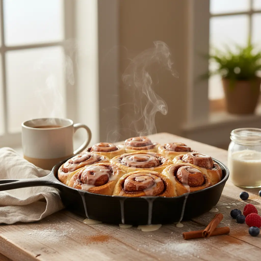 A close-up of freshly baked sourdough cinnamon rolls with thick white cream cheese frosting, ready to serve.