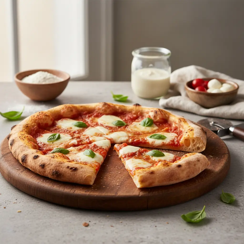 Perfectly baked thin and crispy sourdough pizza crust with bubbly, charred edges ready to be topped.