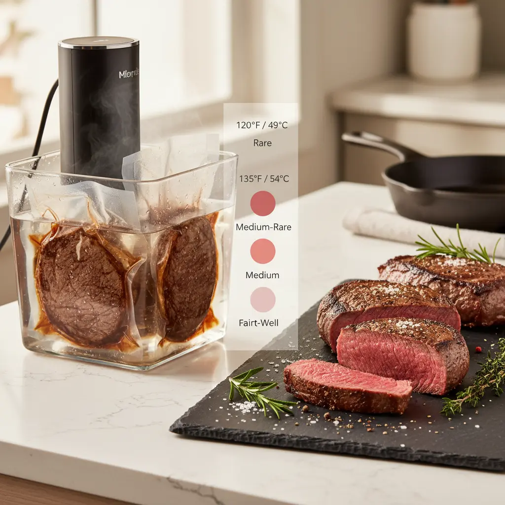 Perfectly cooked sous vide steak with a golden brown crust, sliced to reveal a medium-rare pink center, accompanied by fresh herbs.