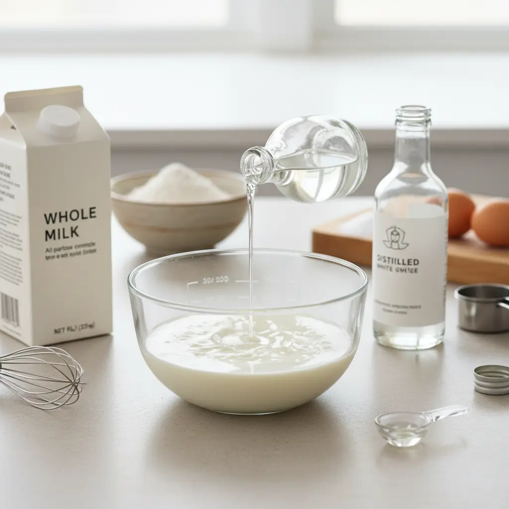 Glass of milk with a measuring spoon of vinegar, creating a homemade buttermilk substitute
