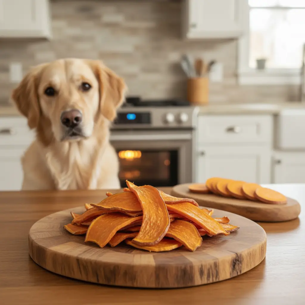 Homemade sweet potato dog chews drying on a baking rack, ready to be baked in the oven