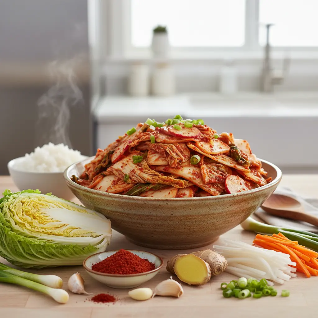 A vibrant jar of homemade vegan kimchi, rich red color, showing chopped napa cabbage and other vegetables.