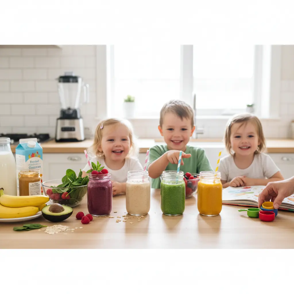 Healthy weight gain smoothies for kids with various fruits and ingredients