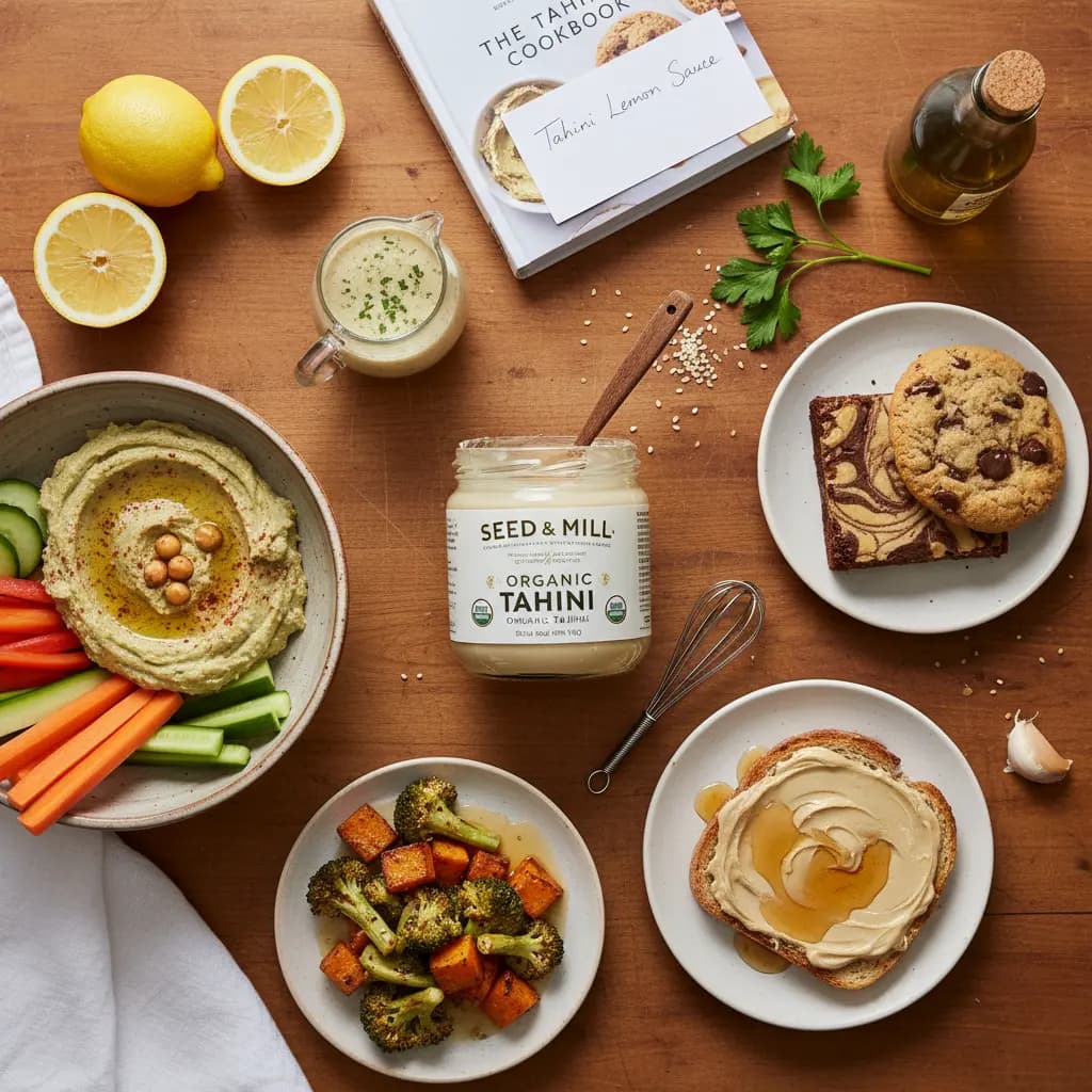 A vibrant collection of dishes featuring tahini, including creamy sauces, roasted vegetables, and sweet treats, alongside a jar of tahini.