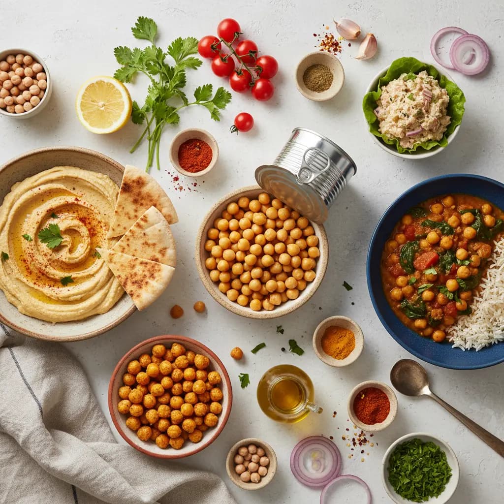 Sautéed chickpeas with spices in a skillet, representing a quick and versatile vegan meal hack.